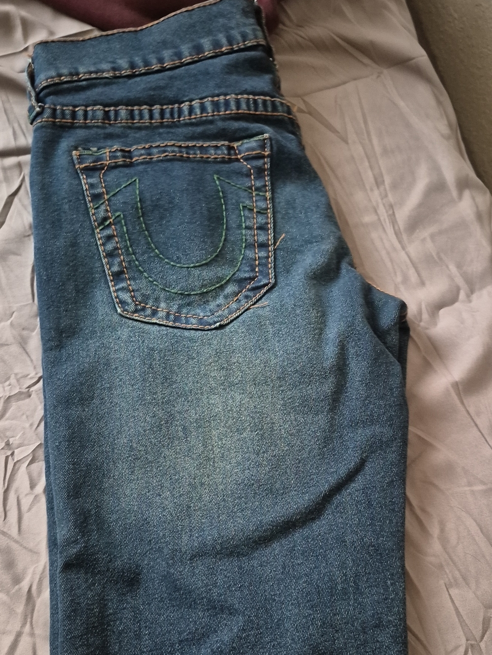 True Religion Skinny Jeans in Faded Blue with Green Stitching